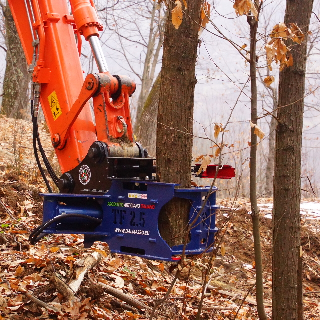 cesoia forestale dalmasso per escavatore al lavoro